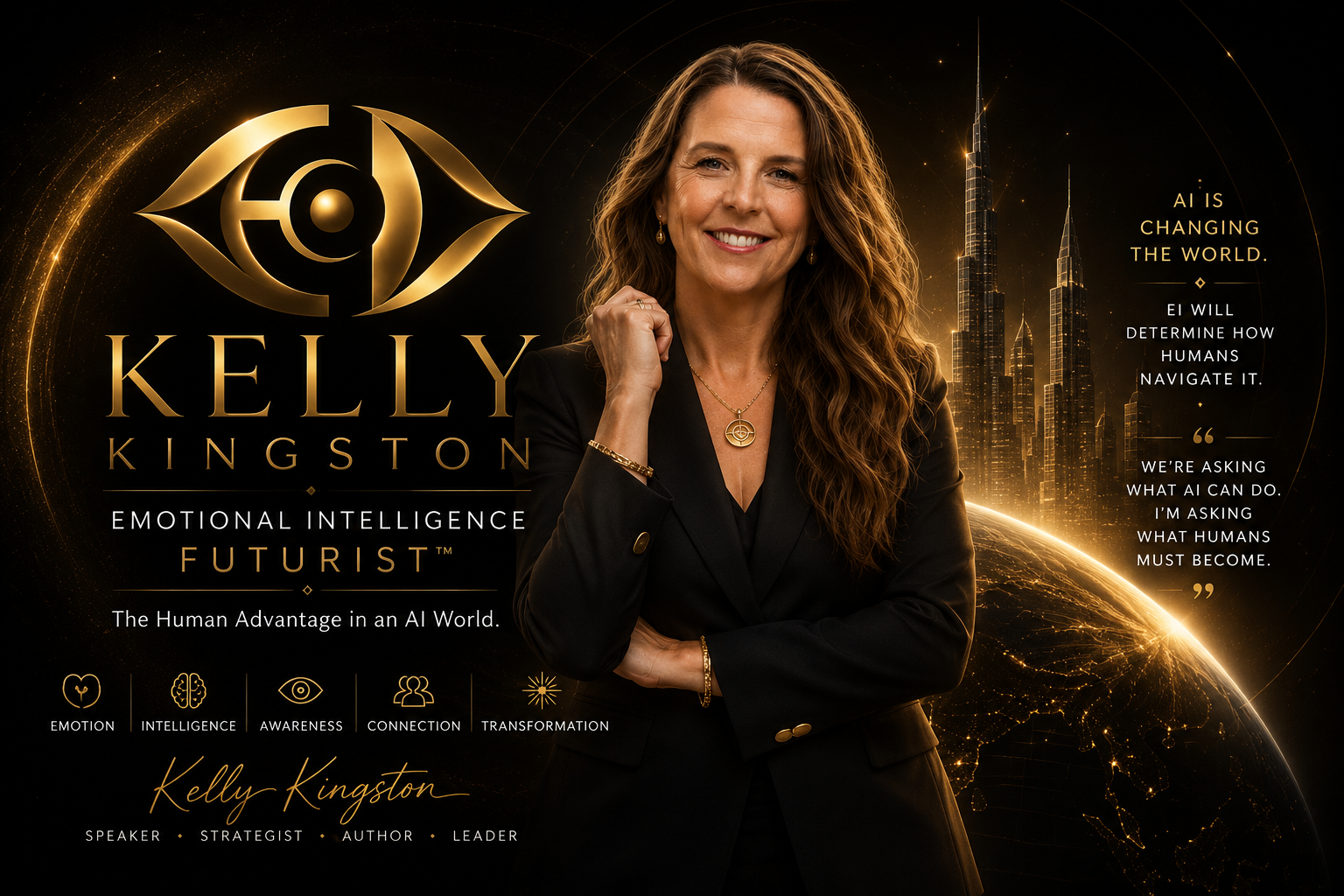 Kelly Kingston brand identity featuring the golden eye emblem